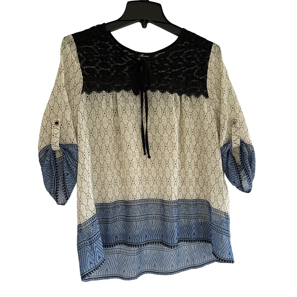 Monteau Women's L Pullover Blouse Blue Beige Black Crochet